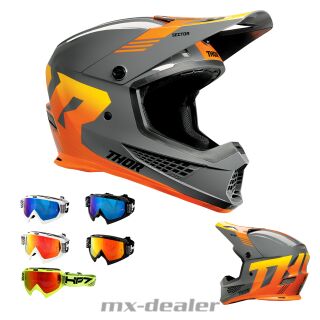 Thor MX Sector 2 Helm Carve Orange + HP7 MX Brille Crosshelm Motocross Quad