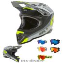 ONeal 1 SRS V24 ECE06 Stream Grau Neon MX Helm Crosshelm + HP7 Brille Motocross Cross Enduro